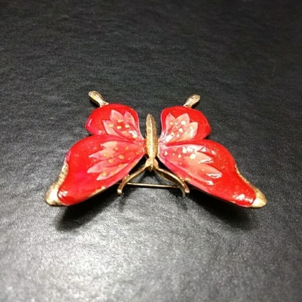 Trifari gold tone red and pink butterfly pin - Picture 5 of 8